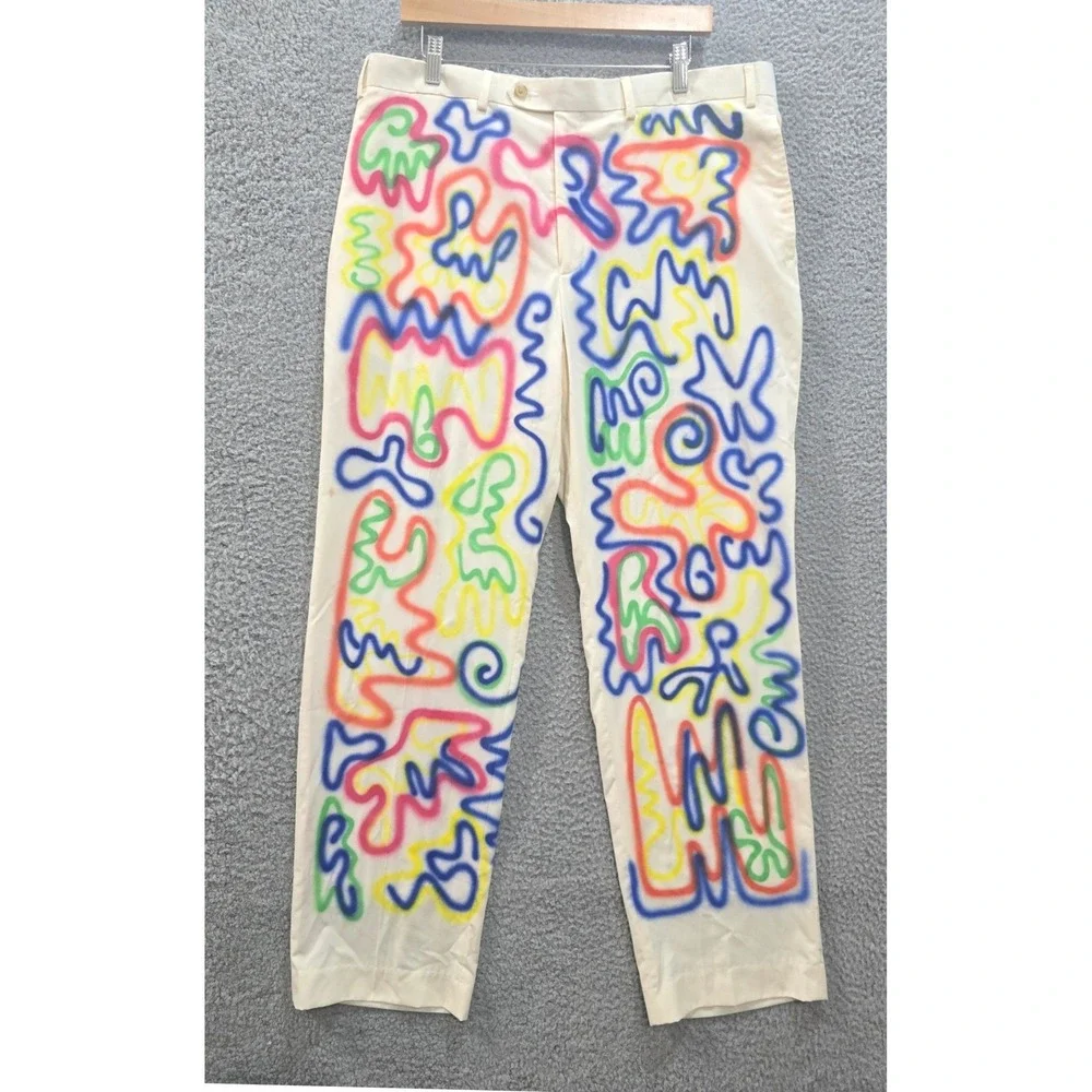 Ralph Lauren Vintage Custom Graffiti Art Spray Paint Pants 38x32 Cream - Picture 2 of 10